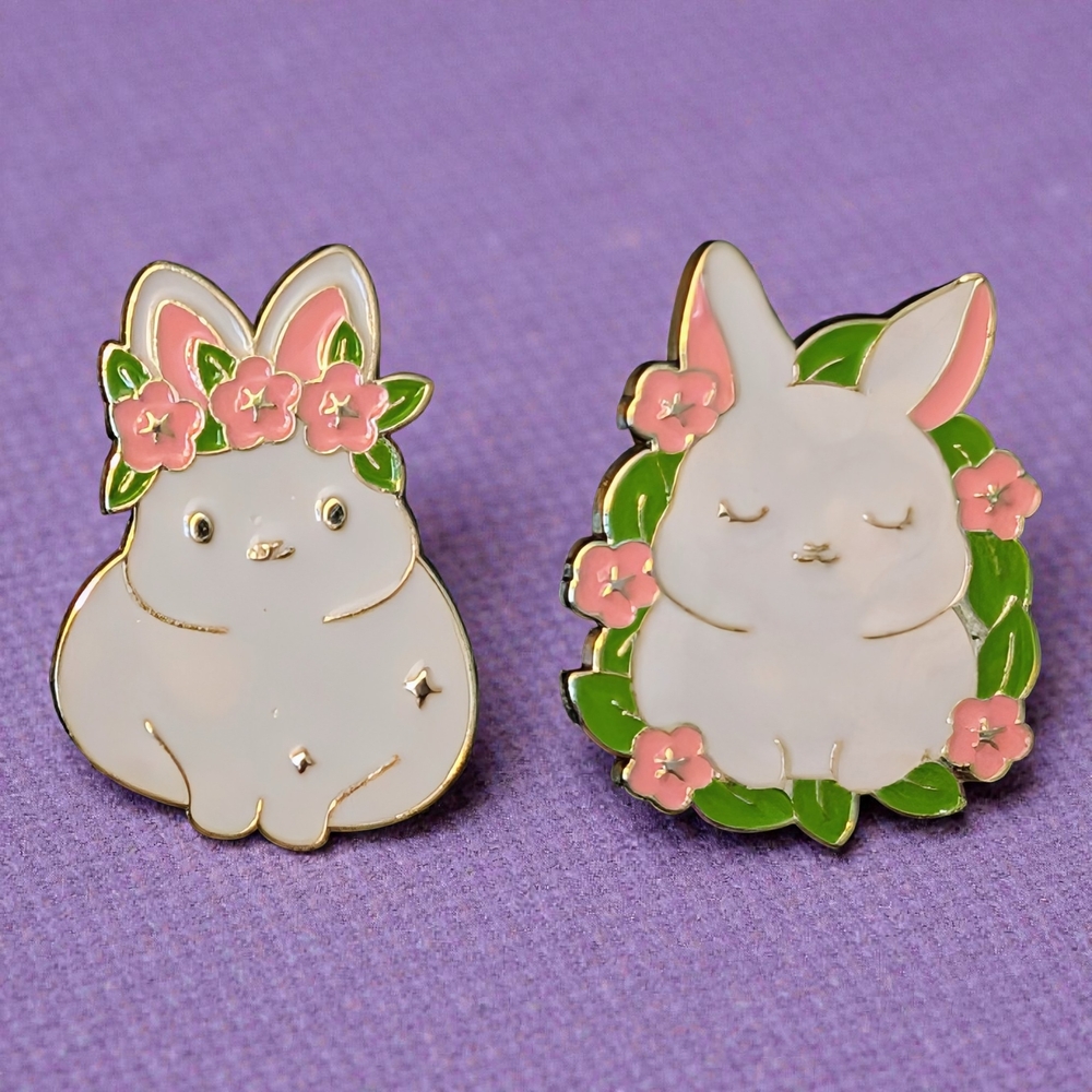 Cute Flower Bunny Enamel Pins - White and Pink